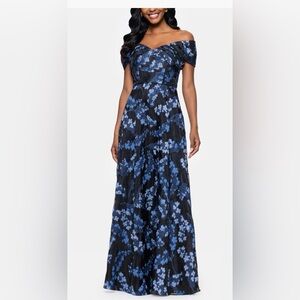 Betsy & Adam Blue Black Embroidered Floral Off the Shoulder Gown Size:8 $299